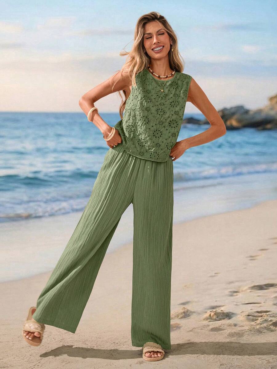Sylviya Set de 2 piezas de top de tirantes y pantalones de unicolor con bordado calado para mujer, ideal para vacaciones - Verde - Ver 1