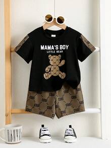 2件套婴儿男女童休闲可爱几何印花拼接宽松圆领针织小熊图案T恤和短裤套装，适合春夏穿着 - 彩色 - 查看 9