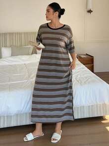 Dazy Plus Plus Size Women's Letter & Striped Pattern Round Neck Short Sleeve Casual Nightgown Pajamas - Brown - View 8