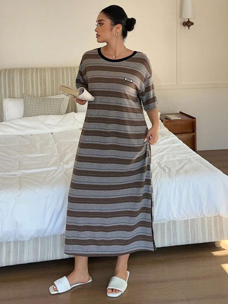 Dazy Plus Plus Size Women's Letter & Striped Pattern Round Neck Short Sleeve Casual Nightgown