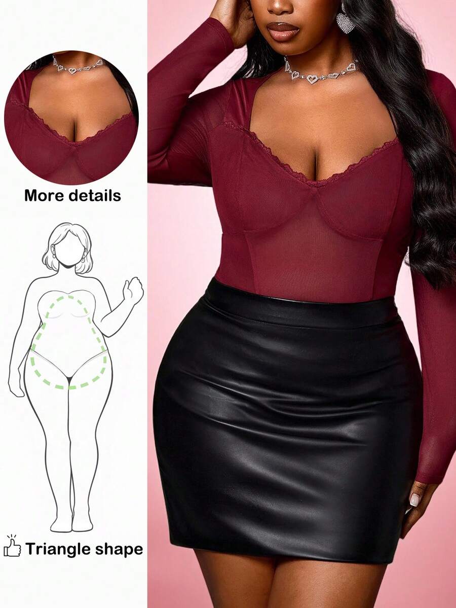 Truni Plus Size Women's Burgundy Semi-Sheer Mesh & Lace Trim Top,Elegant Night Out Club Autumn Sheer Top For Valentine's Day Pear Triangle - Red - View 1