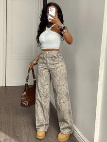 DAZY 女士休闲宽松直筒牛仔裤，做旧设计，度假风，适合春季、夏季和情人节穿着 - 灰色 - 查看 4