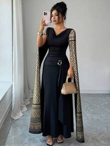 Rafferiza Women's Elegant Draped Neck Metal Buckle Waist Flared Hem Gold Foil Long Sleeve Dress - Black - View 6