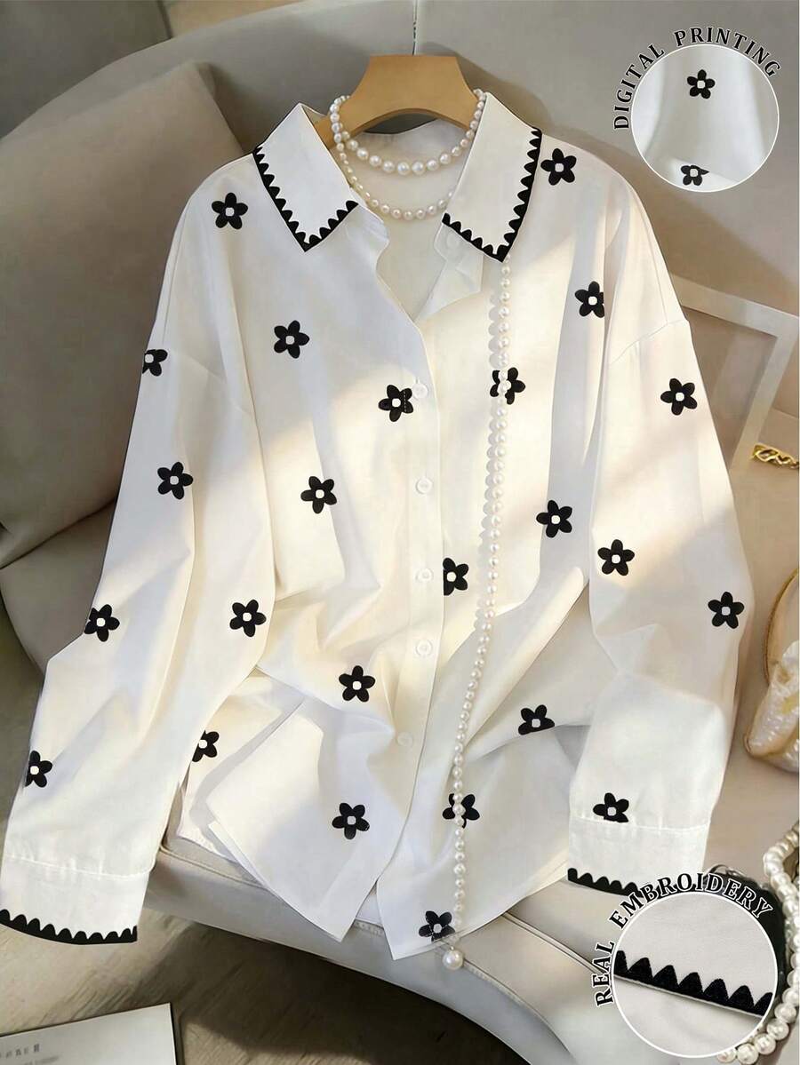 Resyla Áo sơ mi nữ dài tay in hoa, cổ bẻ, cài một hàng khuy, kiểu dáng thường ngày, đa năng, phù hợp đi làm. - trắng - Xem 1