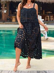 Swim Vcay 加大码黑色抹胸泳衣罩衫 | 女士花卉蕾丝镂空长款沙滩裙 - 黑色 - 查看 4