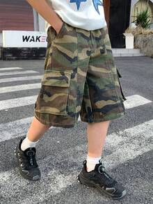 SHEIN Little Byeori 青少年男孩時尚返校街頭風休閒混搭百搭設計復古Y2K舒適迷彩圖案設計多口袋深綠色寬鬆牛仔短褲兒童男孩柔軟日常穿著夏季電音節與海灘 - 軍綠色 - 查看 2