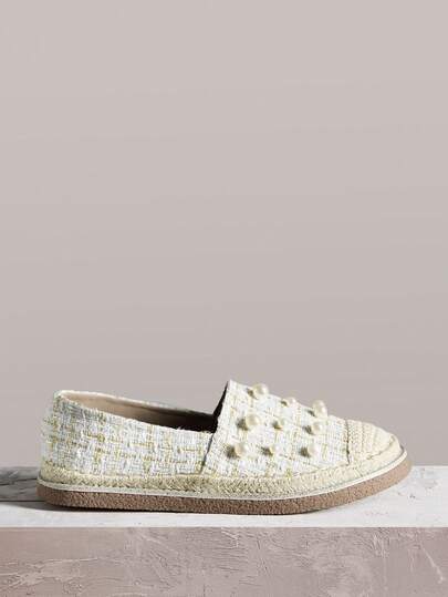 Styleloop Apricot Women's Faux Pearl Versatile Round Toe Flat Slip-On Shoes, Vacation Boho Style Casual Platform Loafers Valentine's Day