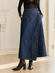 Anewsta 女士优雅浪漫派对度假A字牛仔裙，春夏款 - 藍色 - 查看 10