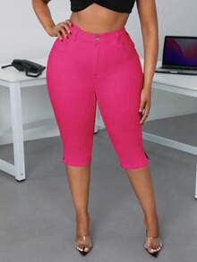 SHEIN SXY Quần short Bermuda denim nữ cài nút, kiểu dáng thường ngày, đa năng. - Màu Hồng Tươi - Xem 6