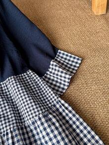 Rusticease 大码女式夏季休闲度假乡村风圆领七分袖格子拼接撞色罩衫，蓝色衬衫，适合早春假期、度假、节日、春季外出，2026新款，简约时尚，日常穿着，大码束腰上衣 - 藏蓝色 - 查看 4