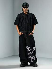 ROMWE MEN Street Life Jeans casuales de hombre con estampado floral y desgastados - Negro - Ver 3