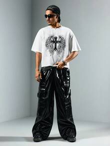 ROMWE MEN Street Life Men's Drawstring Waist Cargo Pocket Wide Leg Loose Shiny Sweatpants - Black - View 7