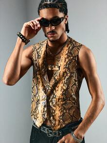 ROMWE MEN Street Life Men's Snake Skin Pattern Shiny Buckle Design Loose Fit Tank Top - Pale Yellow - View 5