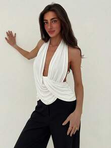 Aloruh 女士春夏新款艺术女神垂褶领吊带衫 - 白色 - 查看 3