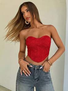 Aloruh Women's Sexy Lace Detail Black Brassiere,Red Top - Red - View 5