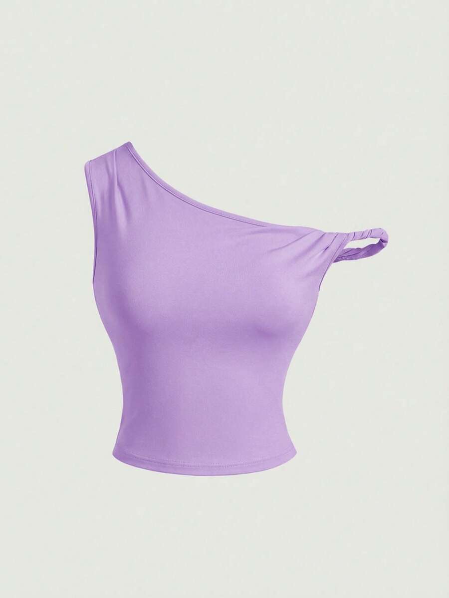 SHEIN MOD 女士休闲不对称肩部黑色衬衫,商务女性服装 - 紫色 - 查看 1