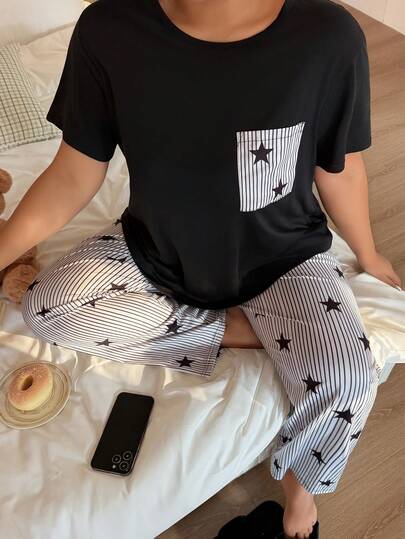 Napfluff CURVE Napfluff CURVE 两件套加大码星条印花口袋圆领短袖上衣和全印花长裤睡衣套装