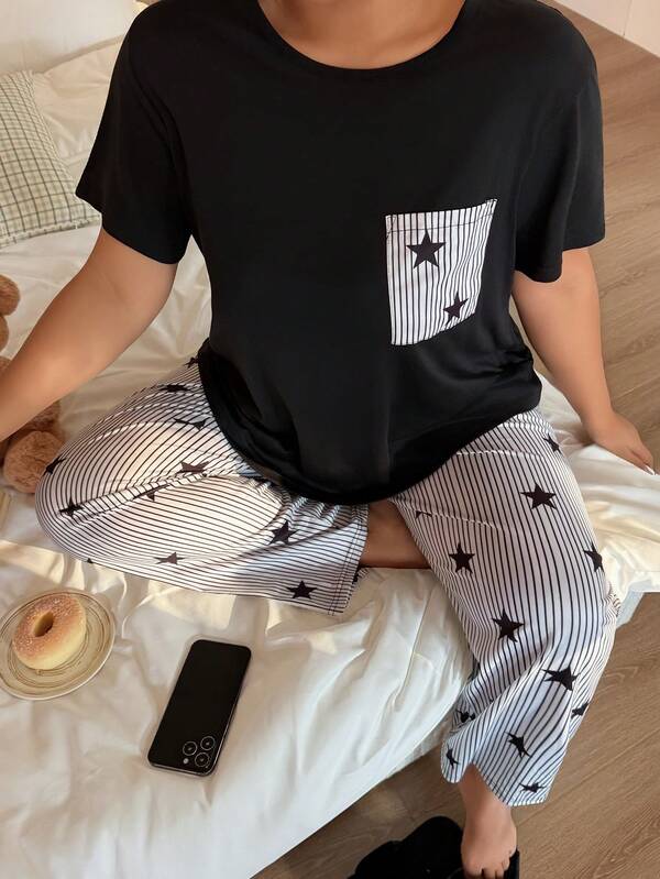 Napfluff CURVE Napfluff CURVE 两件套加大码星条印花口袋圆领短袖上衣和全印花长裤睡衣套装