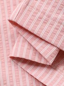 DAZY 2pcs Women Striped Textured Fabric Embroidered Ruffle Trim Puff Sleeve Pajama Set - Pink - View 8