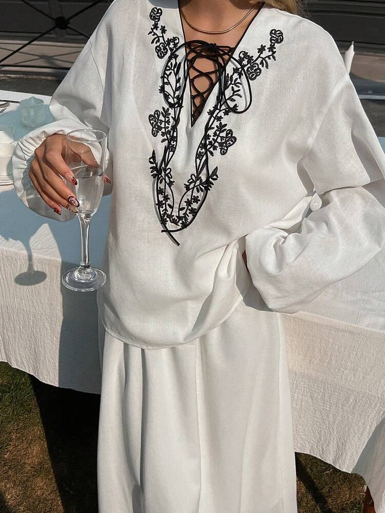 Women's Casual Vacation Style Plant Embroidery Tie V-Neck Lantern Sleeve Loose Top And Skirt 2-Piece Set, Spring/Autumn