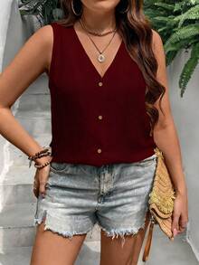 Breezaya Áo sơ mi mùa hè cỡ lớn, màu trơn, cài cúc phía trước, chất liệu có họa tiết. - Màu Đỏ Sâu - Xem 5