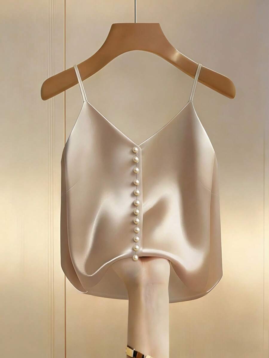 Franclia Áo hai dây nữ màu mơ, size tiêu chuẩn, thiết kế đính hạt phía trước, kiểu dáng thanh lịch và tinh tế, phù hợp mặc vào mùa xuân/hè, có thể dùng làm điểm nhấn cho các buổi hẹn hò, đi làm, dạo phố, dự tiệc, thể hiện vẻ mềm mại và dịu dàng, một món đồ thường ngày đa năng cho cuộc sống thành thị. - Màu be - Xem 1