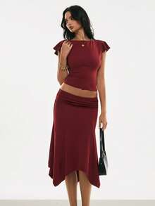 Poéselle Women's Set Backless Cowl-Drape Top & Asymmetric Handkerchief-Hem Midi Skirt – Wine Red Two-Piece Date-Night Co-Ord Two Piece Set Women, Backless Top, Cowl Back Blouse, Asymmetric Skirt Outfit, Wine Red Dress Set, Handkerchief Hem Skirt, Date Night Co Ord, Elegant Summer Matching Set Elegant Drape Neck Backless Fitted Cropped Top And Hanky Hem Mini Skirt 2 Pieces Set, Summer Outfit Spring Outfit Women Valentine's Day Valentine Outfits For Women Carnival Women Vacation Outfits Women Red Top&Red Skirt - Burgundy - View 7