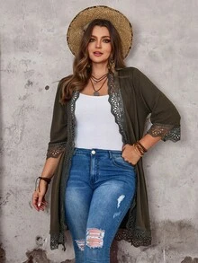 EMERY ROSE 大码休闲拼接蕾丝开襟羊毛衫 - 軍綠色 - 查看 7