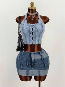 Mistrie 女士破洞系带露脐吊带牛仔上衣 - 藍色 - 查看 5