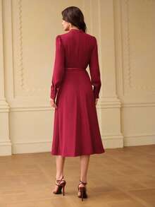 ZEYLAH Women's Pleated Cinched Waist A-Line Dress, Autumn/Winter - Red Violet - View 3