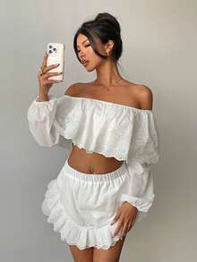 Cévolie Women's Elegant Mesh Embroidered Shoulder Top & Skirt 2 Pieces Set - White - View 5