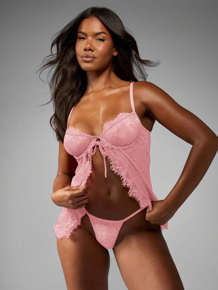 MISSGUIDED Lace Babydoll Lingerie Set With Matching Thong Intimate Sleepwear For Women