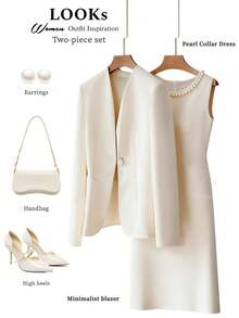 Franclia Conjunto de 2 piezas para mujer talla grande, blanco, otoño, elegante, traje casual de negocios para invitada de boda, vestido mini sin mangas con cuello redondo y cuentas & chaqueta blazer, albaricoque - Albaricoque - Ver 4