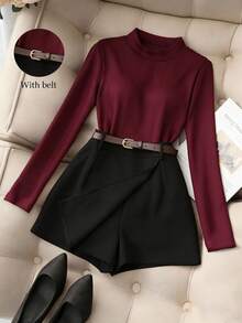 Franclia 休闲百搭通勤黑色圆领长袖上衣搭配卡其色短裤/半裙（含腰带），女士两件套，春秋季 - 黑色 - 查看 1