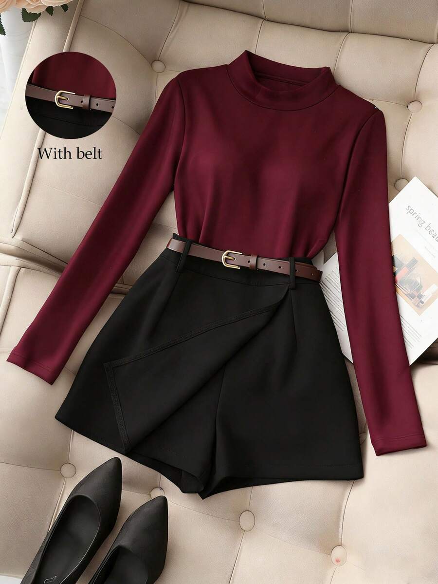 Franclia 休闲百搭通勤黑色圆领长袖上衣搭配卡其色短裤/半裙（含腰带），女士两件套，春秋季 - 黑色 - 查看 1