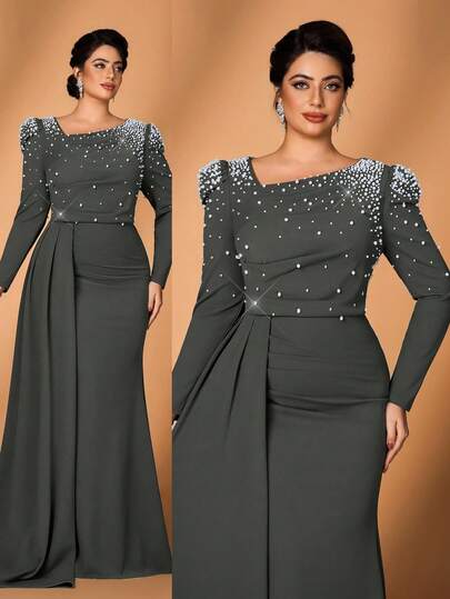 Serin 大码优雅奢华灰绿色不对称领口长袖串珠修身鱼尾裙，适合晚宴、约会、舞会、度假、婚礼、新娘母亲、宾客等场合。