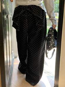 Dazy Plus 大码波点印花宽松荷叶边休闲长裤，适合所有季节的女士牛仔裤 - 黑色 - 查看 2