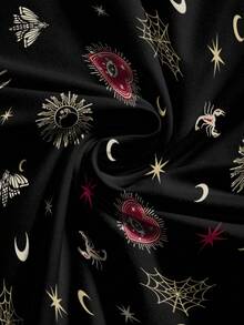 ROMWE Goth 哥特式暗黑神秘哥特日月星印花褶皱紧身美人鱼裙（女款） - 黑色 - 查看 3