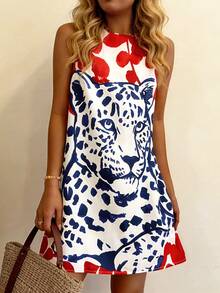 INAWLY 女士豹纹圆领休闲无袖迷你连衣裙 - 彩色 - 查看 5