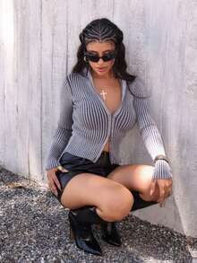 Rayane Ketlyn 罗纹高领拉链开衫 春季休闲 2000 年代 90 年代条纹 可爱 机场 假日 暑假 秋季 返校 秋季 冬季 日常 圣诞节 工作 办公室 - 深灰色 - 查看 6