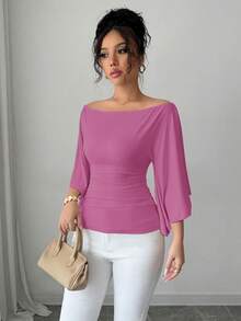 Selianne Áo thun nữ tay loe trễ vai, màu trơn, co giãn cao, thanh lịch dành cho người đi làm. - Bụi hồng - Xem 5