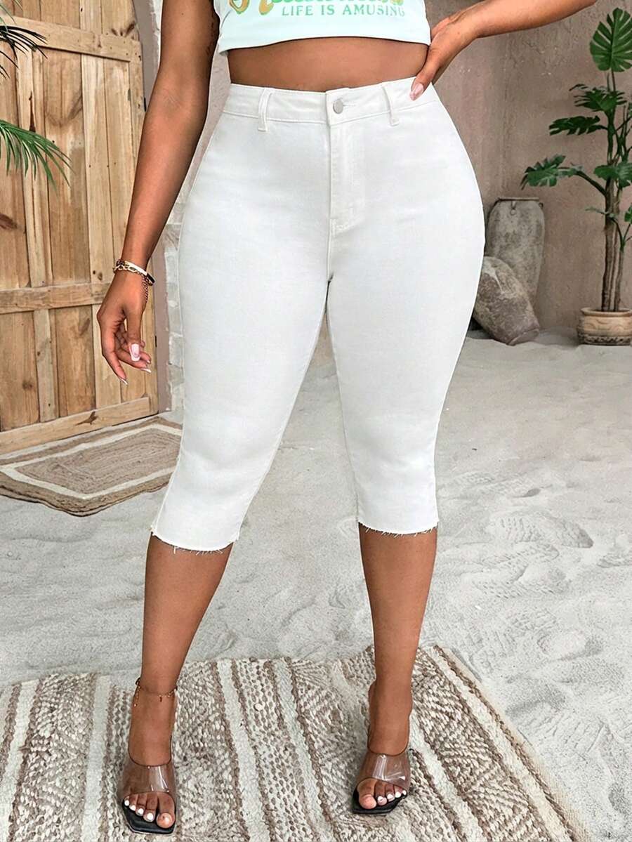 SHEIN Lady Quần jeans nữ cỡ lớn cạp cao ôm sát, dáng suông, dài đến đầu gối, đa năng. - màu đen - Xem 1