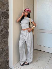 Flirla 2 pièces/Set T-shirt à manches courtes et pantalon de survêtement de couleur unie pour femmes, printemps/été - Gris - Voir 2