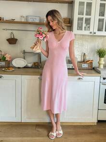 SHEIN Women's Elegant Jacquard Elastic Waistband Bow Decor V-Neck Midi A-Line Nightgown Pink Dress Lounge Dress - Pink - View 3