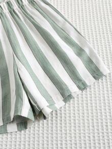 SHEIN 2pcs/Set Young Boys' Casual Green & White Striped Polo Collar Short Sleeve Shirt And Elastic Waist Shorts, Textured Fabric, Suitable For Home, School, Travel And Vacation Toddler Boy Clothes  Summer Outfits  Suitable For St Patrick's Day - Multicolor - View 4