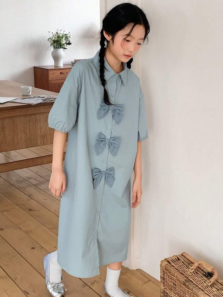 Tween Girl Dropped Shoulder Single-Breasted Bow Decor Casual Shirt Dress