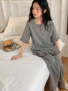 DAZY 少女格子短袖纽扣上衣和裤子睡衣套装 - 彩色 - 查看 7