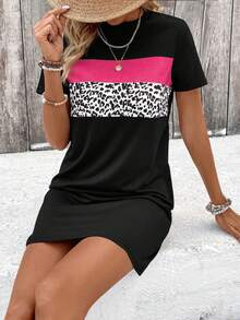 EMERY ROSE Women's Summer Casual Beach Vacation Leopard Print Patchwork Contrast Color Short Sleeve T-Shirt Dress - Multicolor - View 6