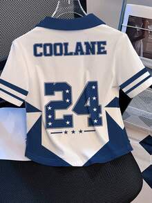 Resyla Women's Casual Polo Collar Numeric Print Short Sleeve Top - Multicolor - View 2