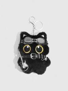 ROMWE Anime 1个可爱黑色飞行员猫玩偶包挂件，朋克摇滚项圈装饰小黑猫3D钥匙扣，吉他装饰动物生日节日礼物，音乐节/返校包装饰。 - 黑色 - 查看 3